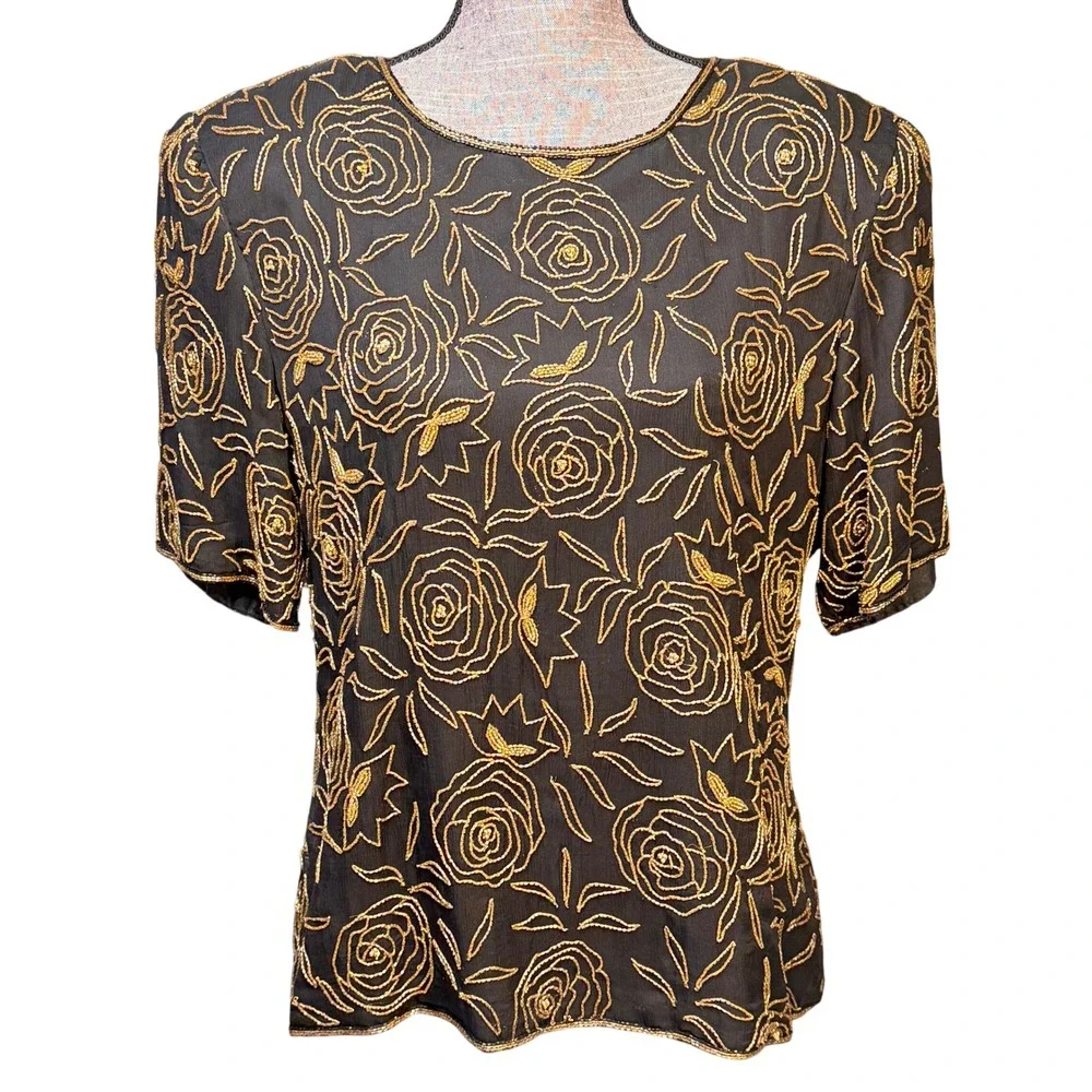 Stenay Vintage‎ Black Silk Gold Beaded Rose Floral Evening Top Blouse XL